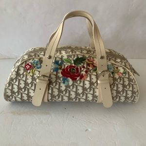 CHRISTIAN DIOR Beige Diorissimo Embroidered Flowers Frame Satchel Bag……